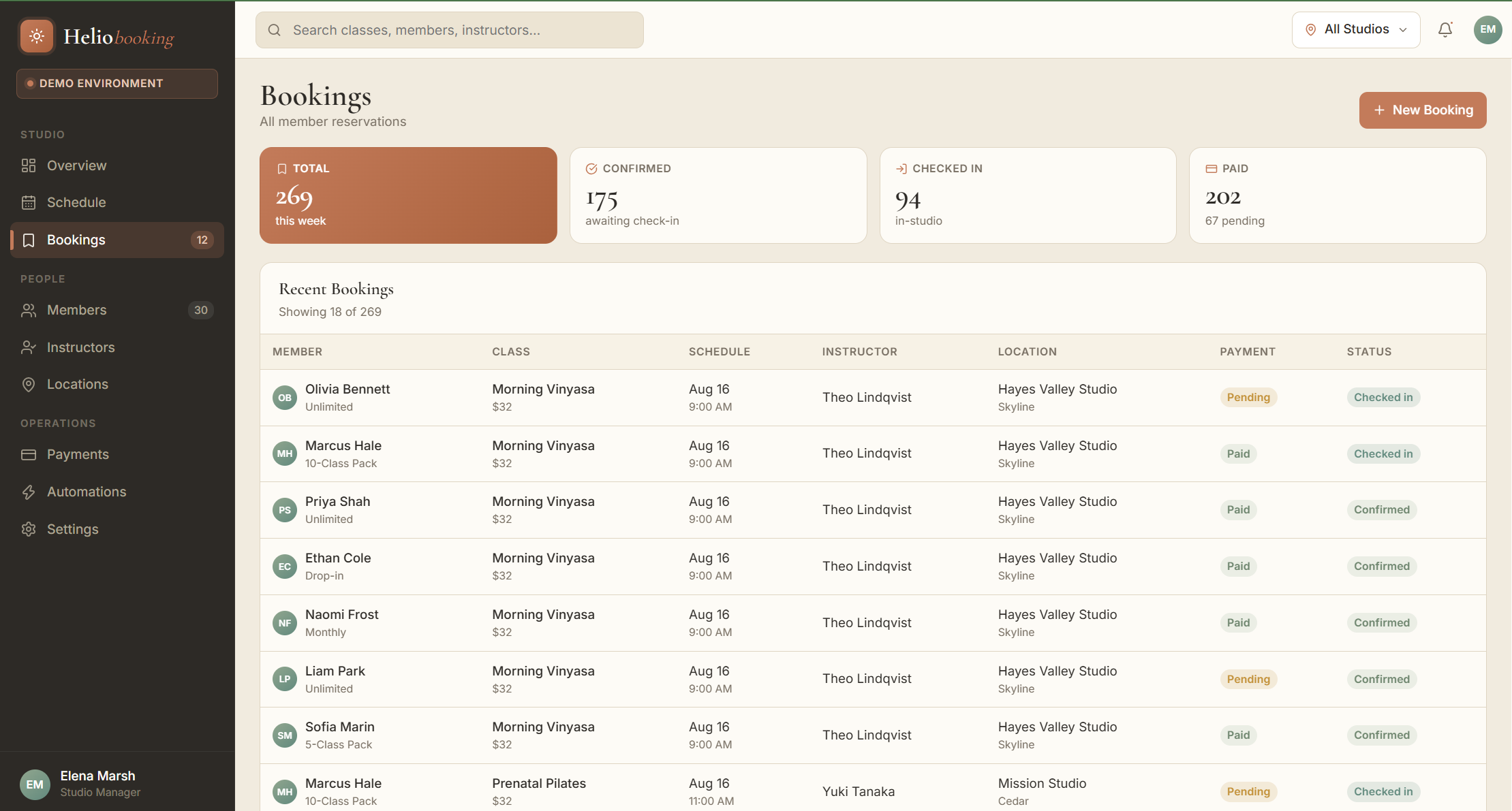 Helio Booking class and member view